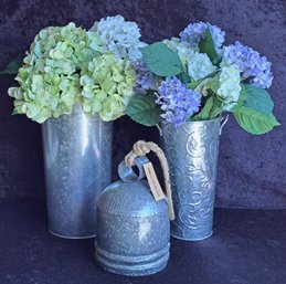 Galvanized Metal Collection: 2 Tall Pots With Faux Hydrangeas And Metal Bell