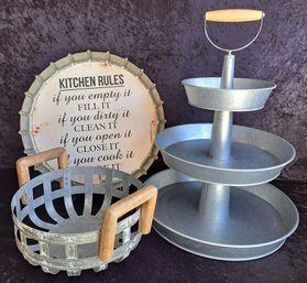Galvanized 3 Tier Tray, Basket With Wood Handles And Bottlecap Style Wall Hanging