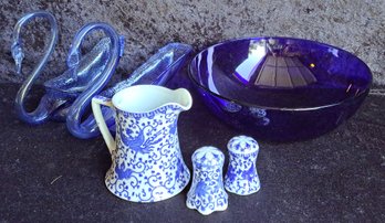 Vintage Cobalt Blue Bowl, Pitcher And Salt & Pepper From Japan And Pair Of Art Glass Swans