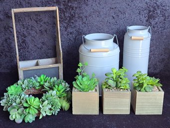 Collection Of Rustic Decor Items Including Faux Succulents
