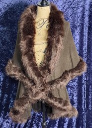 NWT Fabulous Faux Fur Trimmed Cape In Gorgeous Chocolate Color