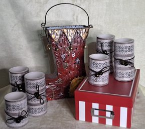 6 Pier One Battery Candles, Metal Christmas Stocking And Decorative Box