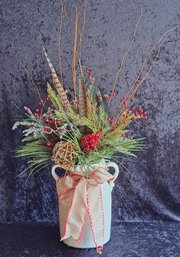 Amazing Christmas Floral Arraignment In Rustic, Distressed, White Crock