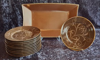 Gorgeous Holiday Dinnerware- 12 Plates And Serving Tray In Brown And Gold