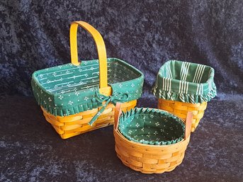 3 Vintage Longaberger Baskets With Green Cloth Liners