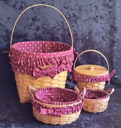 Quartet Of Vintage Longaberger Baskets With Burgundy Cloth Liners