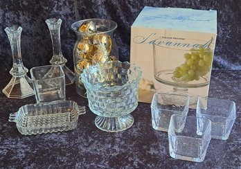 Selection Of Clear Glass Serving Pieces Including New In Box Trifle Dish