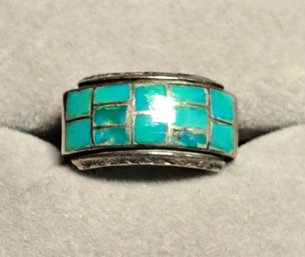 Old Pawn Turquoise Inlay Silver Ring Size 9.5