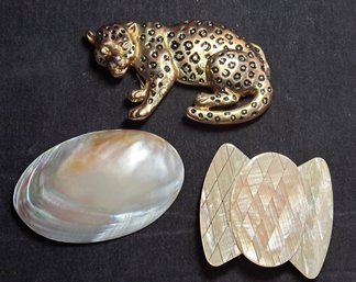 Trio Of Vintage Belt Buckles Including Gold Tone Leopard And Natural Shell