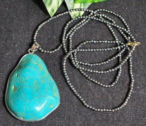 Lovely Turquoise Pendant On Beaded Onyx Chain, Sterling Clasp