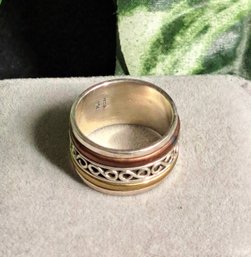 Sterling, Brass And Copper Celtic Design Spinner Ring Size 8