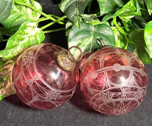 Pair Of Vintage Etched Glass Cranberry Color Christmas Balls Made In India