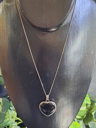 Beautiful Sterling And Onyx Heart Pendant On 18' Sterling Chain