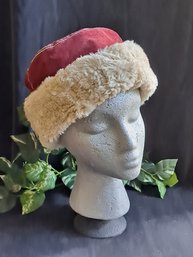 Burgundy Suede And Faux Fur Winter Hat