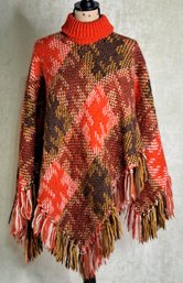 Fabulous Vintage Hand Knitted Poncho In Orange And Brown