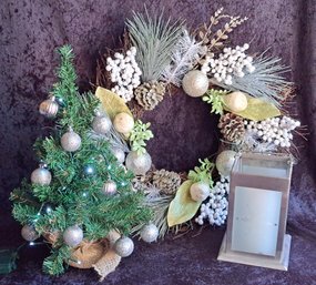 Small Lighted Tree, Decorated Wreath And Snowflake Lantern In Brushed Silver Tone