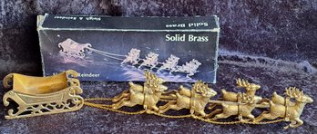 Vintage Solid Brass Santa's Sleigh And Reindeer