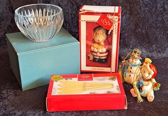 Lenox Christmas Ornaments, Crystal Bowl And Boxed Set Of Christmas Spreader Knives