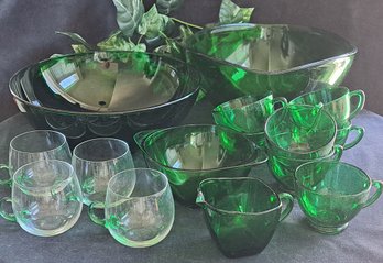 Collection Of Vintage Green Glassware: Cups, Bowls And Creamer
