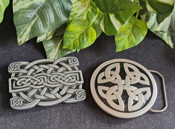 Pair Of Celtic Design Belt Buckles, One In Pewter