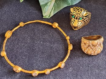 18K Gold Plated Band Ring, Gold Tone Leopard Ring, And Gold Tone Bangle With Faceted Stones