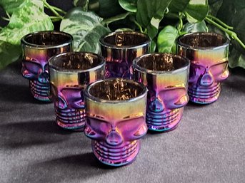 Set Of Six Rainbow Fusion Luster Skull Shot Glasses