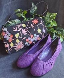 Stylish Purple Ultrasuede Flats And Crewel Work Small Bag