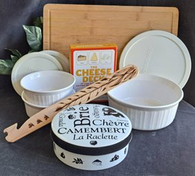 Corning Ware Baking Dishes With Storage Lids, Brie Baker, Bamboo Cutting Board, Oven Stick & Cheese Deck