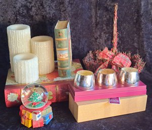 Christmas Candles, Musical Snow Globe, Twig Basket, Battery Operated Candles And 2 Book Boxes