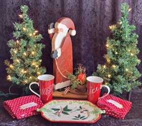 Naughty And Nice Mugs And Towels, 2 Lighted Mini Trees, Christmas Platter And A Wood Santa Figure