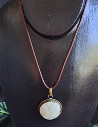 Brass Pendant With Natural Stone On Brown Satin Cord With Sterling Clasp