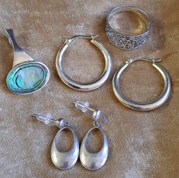 Sterling Collection: Abalone Pendant, Ring, & 2 Pairs Of Earrings