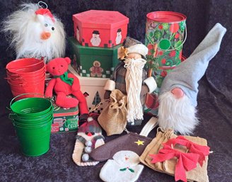 Xmas Decor With Elves, Tins, Bags, Bows, Buckets And A Beanie Baby