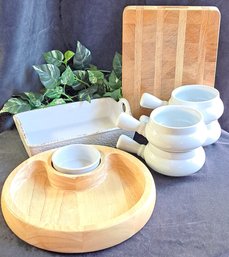 4 Sur La Table Soup Bowls, Mountain Woods Cutting Board, Wood & Ceramic Chip N Dip Set, Blue Jean Chef Dish