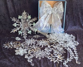 Lucite And Crystal Ornaments And Garland With Snowflake Tree Topper & LED Bow