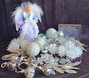 Fiber Optic Tree Topper Angel, 2 Sleigh Bell Door Hangers, & Great Assortment Of Silver & White Ornaments
