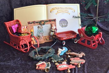 Fun Assortment Of Christmas Decor With Mini Radio Flyer Wagon, Picture Frame Minimalist Tree, And More