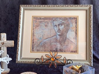 Decor Items Including Richard Franklin Framed Print, 2 Cast Iron Crosses, Tin Box And More