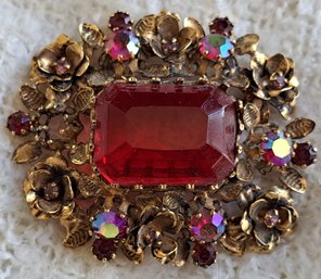 Beautiful Vintage Pin, Made In Austria, Gold Tone With Red Rhinestones