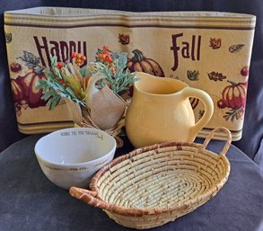 Happy Fall Table Runner, Yellow Ceramic Pitcher From Portugal, Lighted Pumpkin Wall Hanging & More