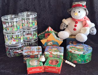 Snowman Themed Xmas Items: Gift Boxes, Stackable Clear Cannisters, Boxed Candles & Snuffer & Stuffed Snowman