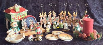 Santa & Sleigh Card Holder, Small Bobble Head Snowmen Picture Holders, Vintage Miniature Tea Set & More