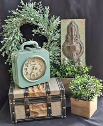 Double Face, Distressed, Vintage Look Clock, Vintage Look Wall Hooks, Faux Greenery And Embellished Chest