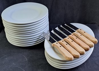 12 Williams Sonoma Dinner Plates, 6 Walco Steak Knives And 6 IDG Steak Platters