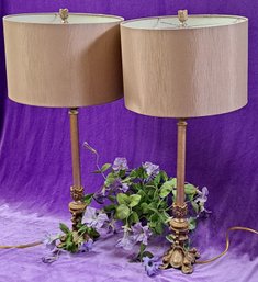 Pair Of Gold Painted Resin Lamps With Silk Shades