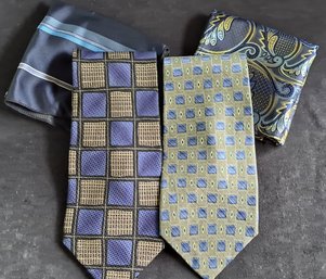Gorgeous Blue And Green Tones Silk Ties And Coordinating Pocket Squares