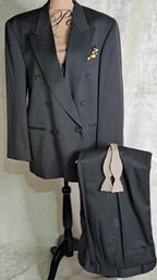 Men's Virgin Wool Double Breasted, Peak Lapel Suit By Brandini In Muted Olive Green With Bow Tie & Square