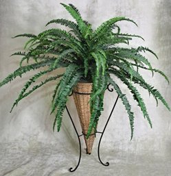 Gorgeous Faux Fern In Basket With Wrought Iron Stand