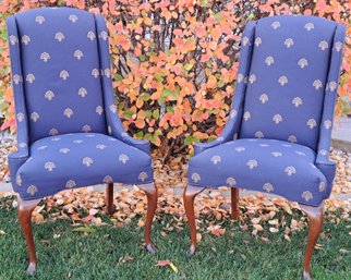 Fabulous Pair Of Chairs In Navy And Cream With Fleur Di Lis Pattern Fabric And Dark Stained Cabriole Legs