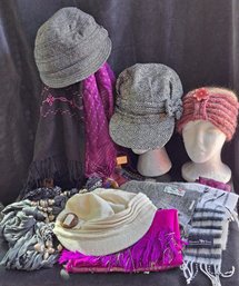 Assortment Of Ladies' Scarves And Hats In Victorian Style Hat Box